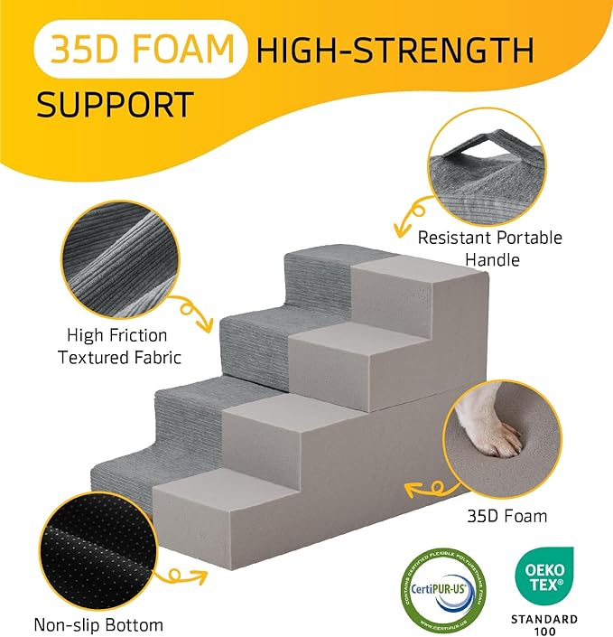 Dog Stairs for High Bed, Dog Steps for Bed Couch Sofa, 35D Foam Extra Wide Pet Steps for Small Dogs and Cats, Pet Stairs with Non-Slip Bottom Grey, 2 Steps