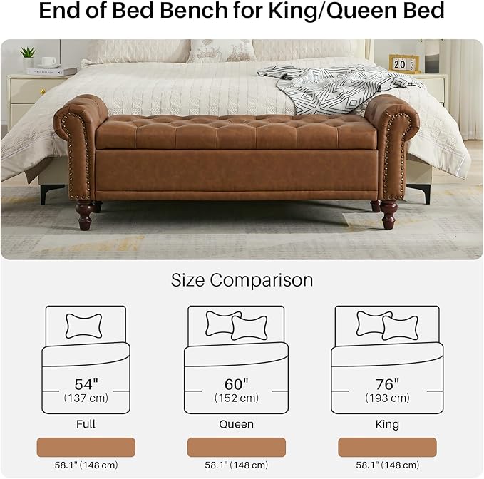 58.1'' Storage Bench Upholstered PU Leather End of Bedroom Bed Bench Ottoman with Tufted Cushioned Rolled Arm Large Storage Space for Reading Living Room Entryway, Brown