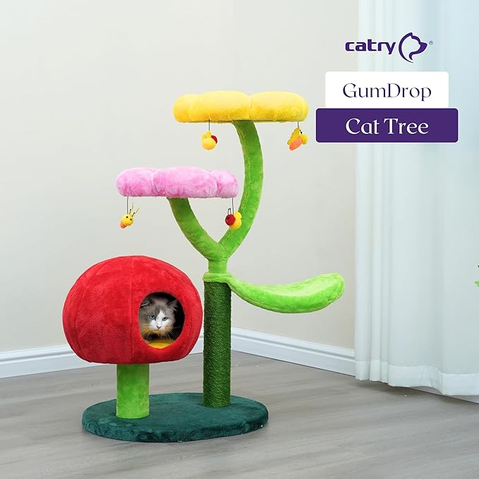 Catry 5-Level 40" Colorful Garden Style Cat Tree with Flower Perches, Leaf Hammock, Fruit Condo, Natural Sisal Scratching Post, Bee Toys, Parts Replaceable