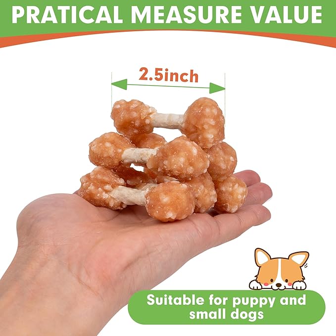 MON2SUN Dog Treats, 9oz Mini Rawhide Chews, Chicken Dumbbells with Rice for Small Dogs & Toy Breed, Crunchy and Healthy (2.5 Inch 17 Count)