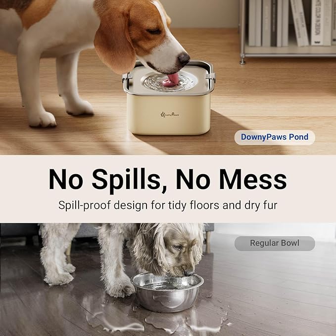DownyPaws No Spill Water Bowl for Dogs,101oz/3L Slobber Stopper Stainless Steel, Slow Drinking Dog Water Bowl, No Mess Dog Water Dispenser Spill Proof, Dishwasher Safe, Beige