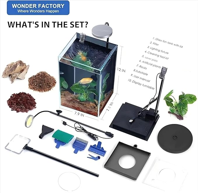 Wonderfactory 3 Gallon Aquarium Fish Tank, Self-Cleaning Betta Tank with Filter and Light, Starter kit with Rocks, Plants & Cleaning Tools, Suitable for Beginners and Hobbyists