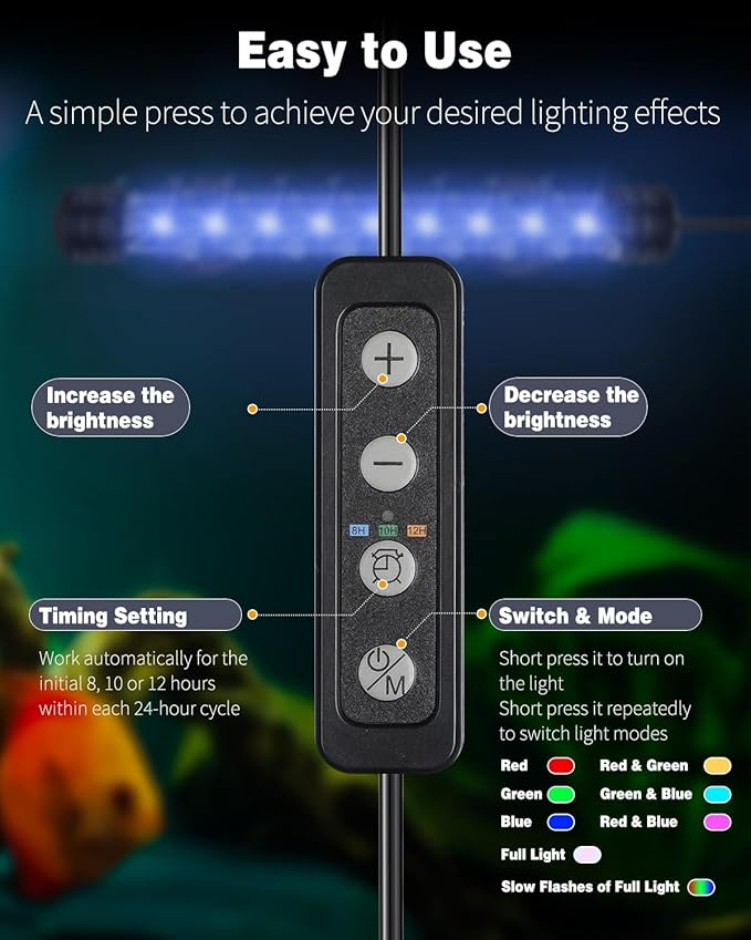 Pawfly 1.8 W Aquarium LED Light 7.5 Inch Underwater Fish Tank Light with Timer Auto On/Off Fish Tank Background Light with 8 Lighting Modes Submersible Multi-Colored Tube Light for Decoration