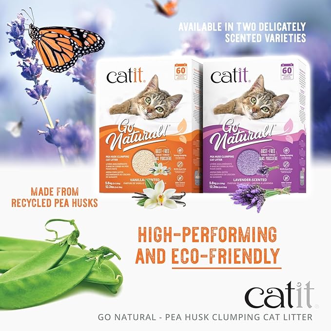 Catit - Go Natural Pea Husk Clumping Cat Litter - Lightweight, Dust Free, Easy Cleaning & Scooping, Flushable Kitty Litter with Odor Control & Subtle Fragrance - 12.3 Lbs, Lavender Scented