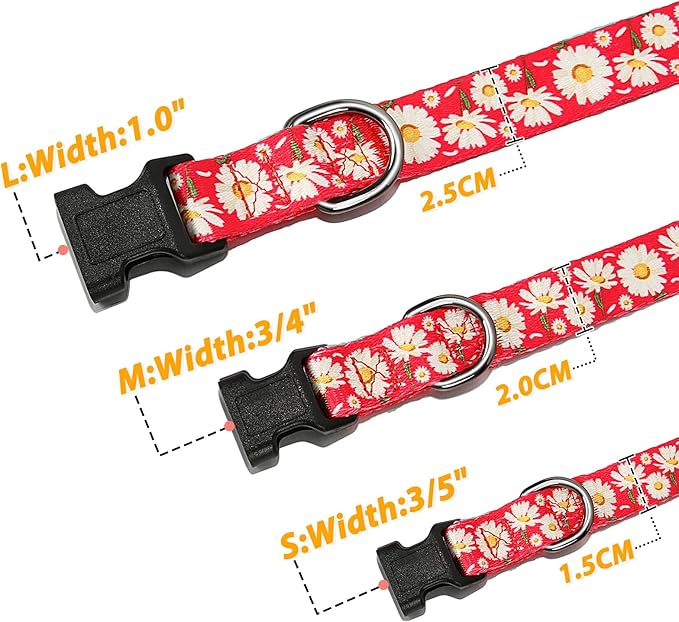 HEELE Dog Collar, Adjustable Soft Dog Collar for Small Medium Large Dogs,Daisy Floral Patterned Puppy Collars with Quick Release Buckle Daisy Red S Length 9.84''-14.96'