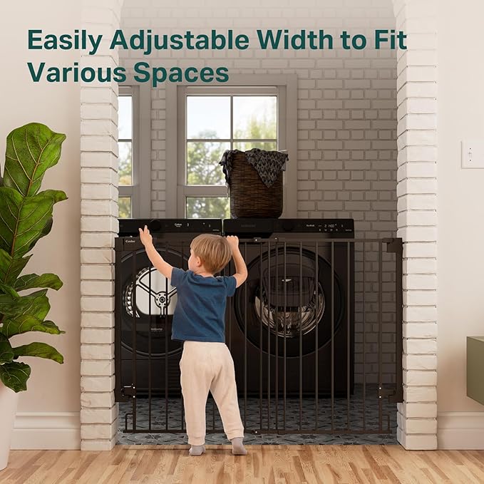 Cumbor 34" Extra Tall No Bottom Bar Baby Gate for Stairs, Auto Close Dog Gate Indoor for Larger Pets, 31.6-48" Hardware Mounted Safety Gate for Doorways, Wide Walk Thru Door for Easy Access (Black)