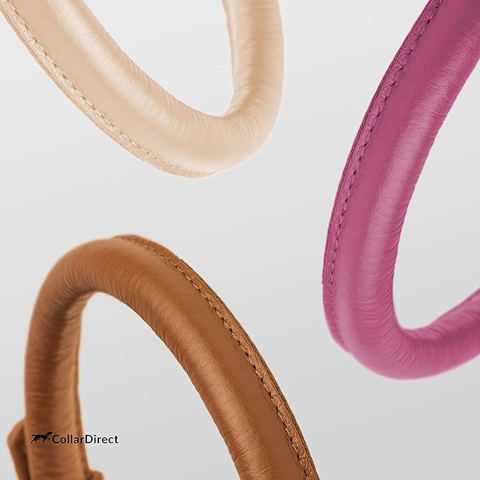 CollarDirect Rolled Leather Dog Collar, Soft Padded Round Puppy Collar, Handmade Genuine Leather Collar Dog Small Large Cat Collars 13 Colors (11-14 Inch, Pink Textured)