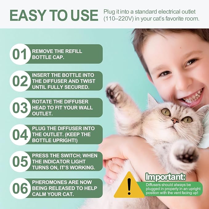 Cat Calming Pheromone Diffuser Set, Pet Calming Plug-in Kit (2 Diffusers + 4 Refills), Reduces Cat Stress, Aggression, Fighting, Marking, Meowing, Travel, Vet Visit Anxiety, 120 Days, Non-Toxic, Safe