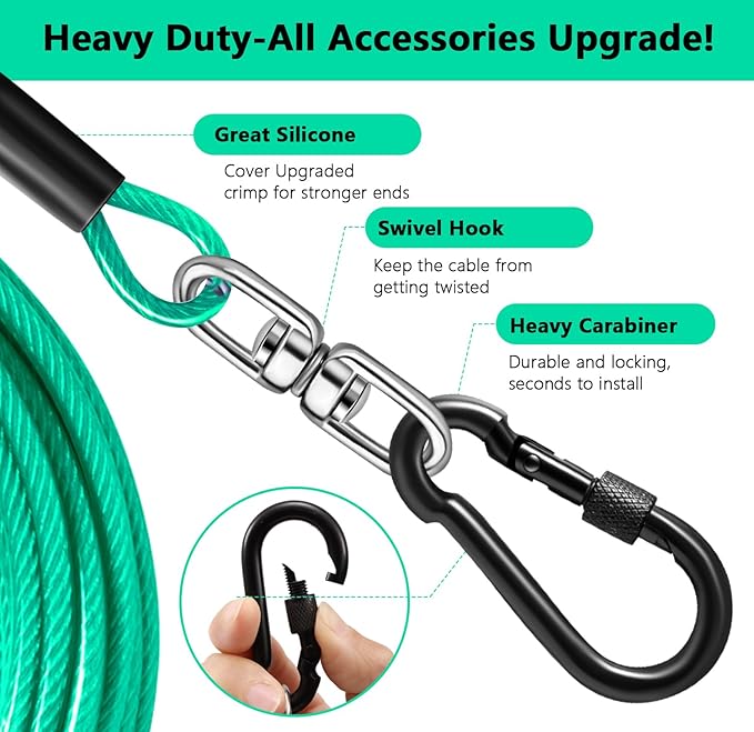 Dog Tie Out Cable 30FT-500Lbs,Heavy Duty Dog Leads Line for Yard with Swivel Hook,Medium Large Dogs Leash&Chains for Outside,Rust Chew Proof Dogs Run Cable for Outdoor Camping (Green Cyan, 30FT)