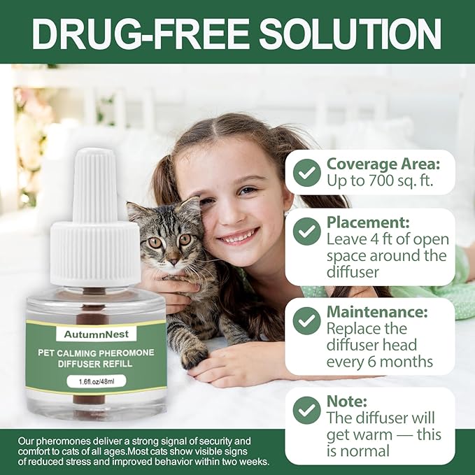 Cat Calming Pheromone Diffuser Refills, 4 Pack 48ml, Helps Relieve Cat Anxiety, Reduce Stress, Aggression, Fighting, Spraying, Scratching, Supports Cats During Vet Visits, Travel, Multi-Cat Homes