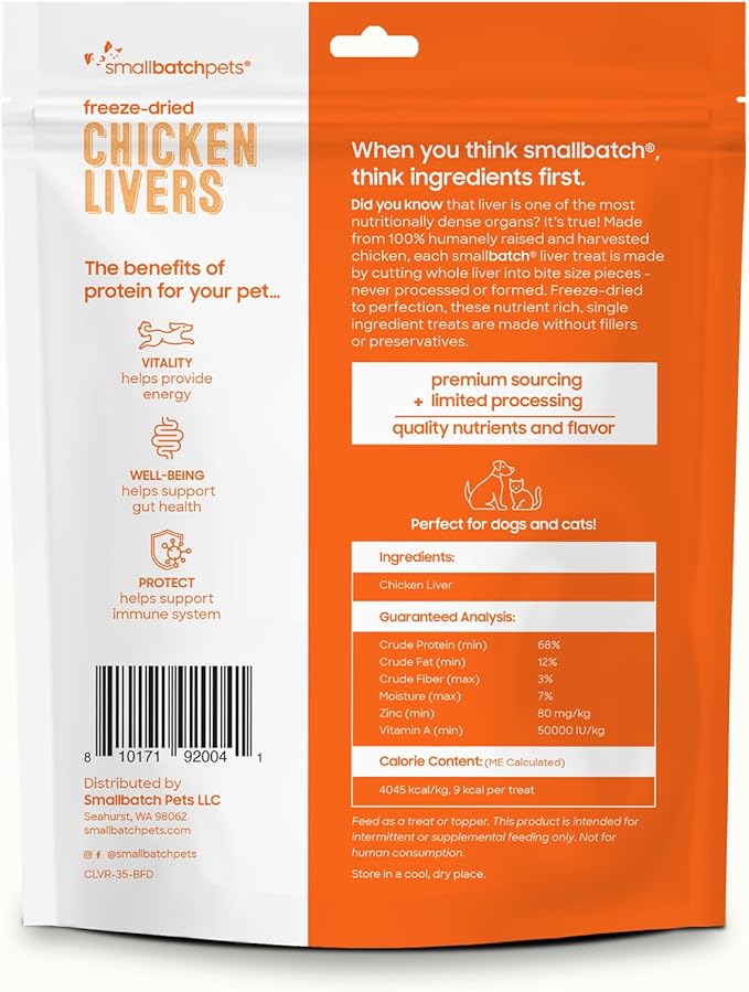 smallbatch Freeze Dried Dog Treats, Chicken Liver Treats for Dogs & Cats, High Protein, Single Ingredient Dog Treat for Training or Food Topper, Natural, Humanely Sourced Meat, Made in the USA, 3.5 oz