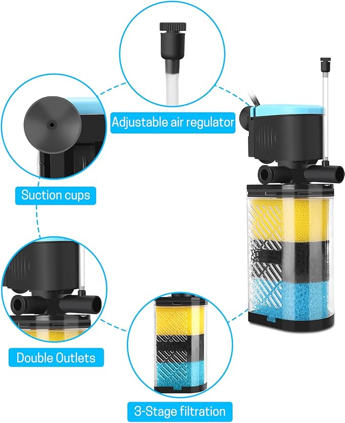 AquaMiracle Aquarium Filter 3-Stage in-Tank Filter Internal Fish Tank Filter Turtle Filter for 40-70 Gallon Fish Tanks with Dual Water Outlet & Aeration