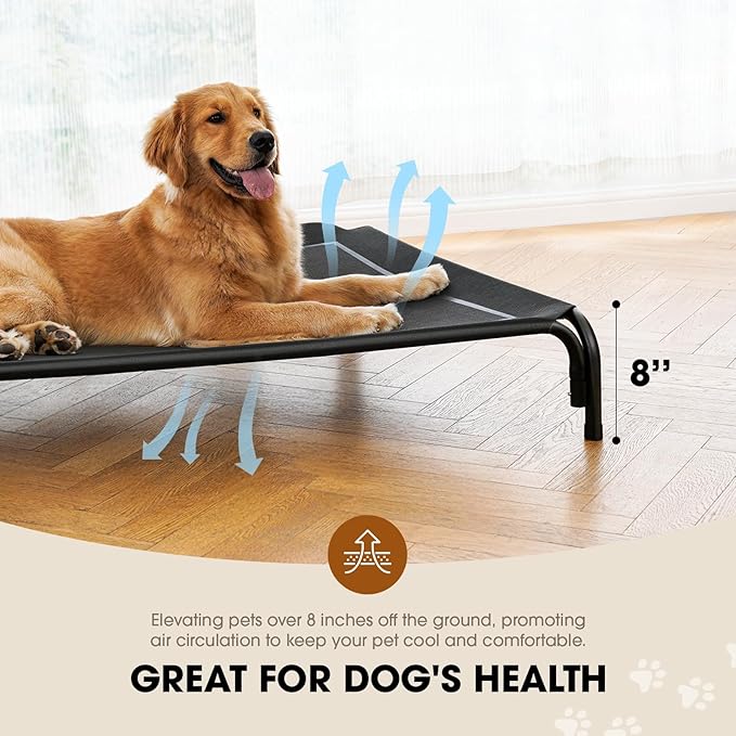 Elevated Dog Bed, Raised Outdoor Dog Bed for Large Sized Dog, Portable Cooling Pet Cot with Breathable & Washable Mesh, Indoor & Outdoor Pet Hammock with Skid-Resistant Feet.