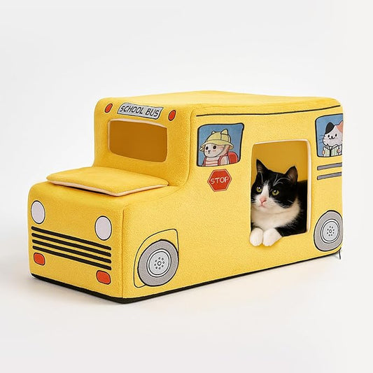 Cute Cat Beds Kitten Beds, Soft Small Dog Beds, Washable Pet Beds for Puppy and Kitty, Funny School Bus Cat Cave, 23 Inches