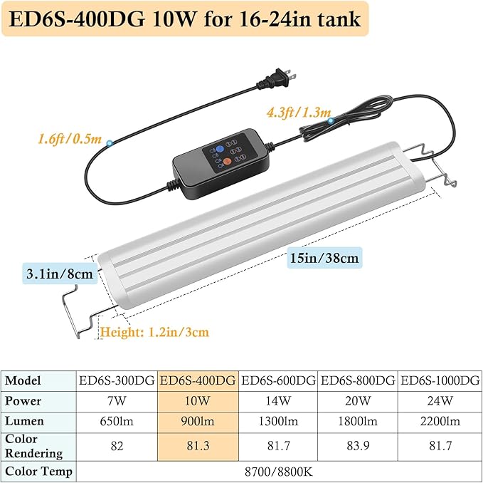 HITOP 16-24in Full Spectrum LED Aquarium Light with Timer, Auto 24/7 Lighting Cycle& 10-Level Brightness Adjustment, Fish Tank Light for Plant Growth, with Extendable Brackets