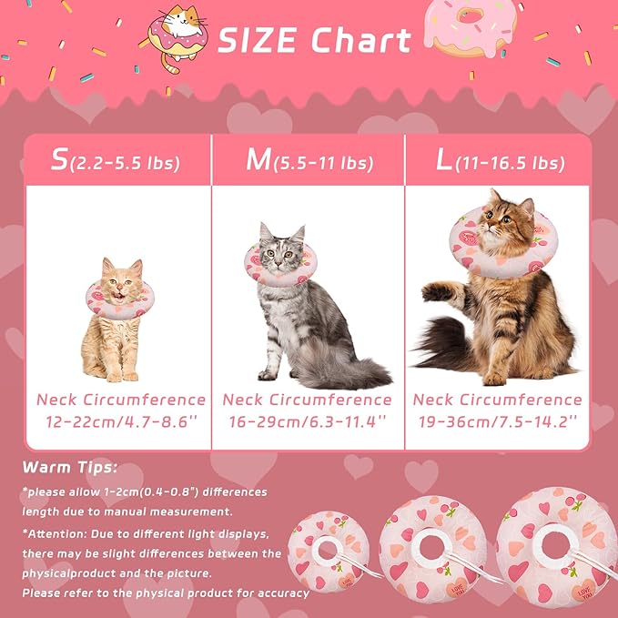 Cat Cone Soft Collar, Adjustable Cat Recovery Collar for Small Medium Large Cats, Cute Donut E Collar After Surgery, Anti-Lick Wound Healing Elizabethan Collar for Kittens (Pink Heart, Small)