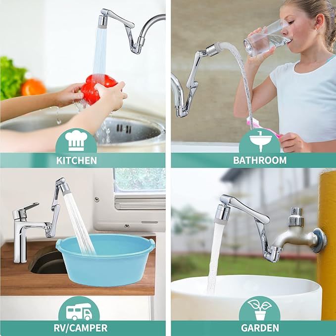 CECEFIN 1080°Rotating Faucet Extender Double Extension - Swivel Long Arm Robotic Faucet Aerator for Bathroom Kitchen Sink, Universal Spout Spray Attachment 2-Mode Outlet Face/Hair/Toddlers Hands Wash