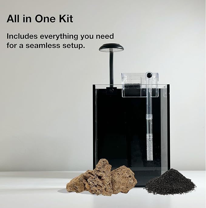 Nano Aquarium Kit,1.5 Gallon Rimless Small Glass Tank with Filter, Aquarium Light, and Aquascaping Decorations, for Home and Office (Black Tank - Rock, Small)