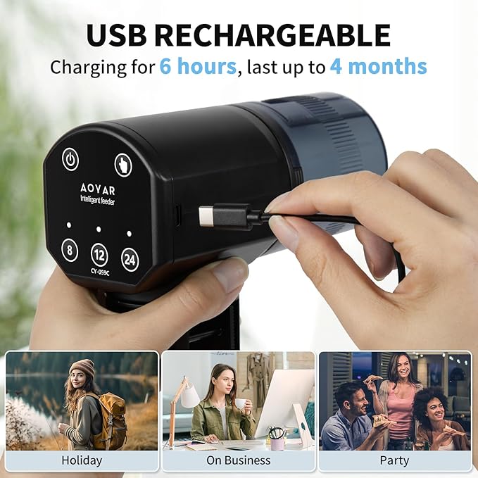 Automatic Fish Feeder for Aquarium: Rechargeable Fish Feeder Dispenser,Moisture-Proof & 200ML Large Capacity Betta Turtle Vacation Feeder,Auto Fish Food Dispenser Timer for Weekends/Business