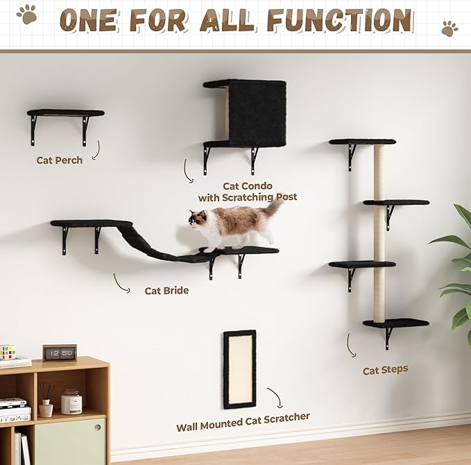 COZIWOW Wall Mounted Cat Furniture, Cat Wall Shelves and Perches, Floating Cat Shelves for Wall Set of 5 (Black)