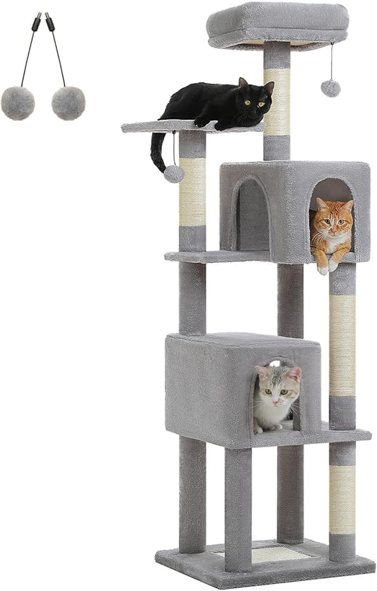 62-Inch Cat Tree for Indoor Cats, Large Cat Tower with Scratching Posts for Large Cats, 2 Bigger Plush Condos, Padded Platform, Soft Cat Bed and Scratching Pad, 2 Pompoms, Gray