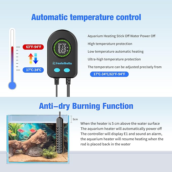 Submersible Aquarium Heater 100W/200W/300W/500W, Fish Tank Heater with high-Temperature Protection and Turtle Tank Heater with Automatic Power-Off When Leaving seawater or Freshwater.