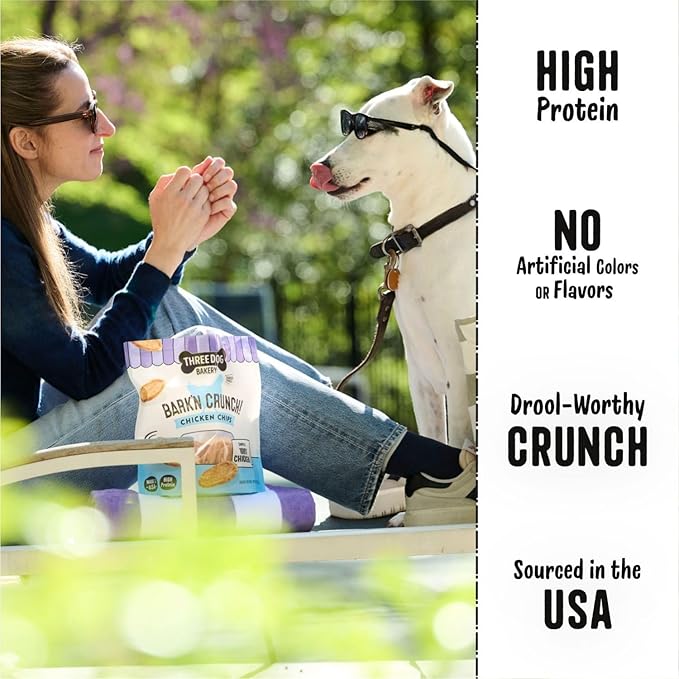 Three Dog Bakery Bark’N Crunch! Chicken Chips, Crunchy Treats for Dogs, Single Ingredient, High Protein Snacks, No Artificial Flavors or Colors, Made in The USA, 8 oz