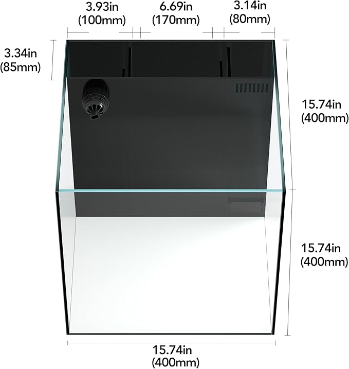 LANDEN 40C 11 Gallon Ultra Clear Glass Rimless Low Iron Aquarium Tank with Rear Filtration Chamber(Return Pump Included) for Salt and Fresh Water,15.8Wx15.8D×15.8H in(40x40x40cm) 6mm Thickness