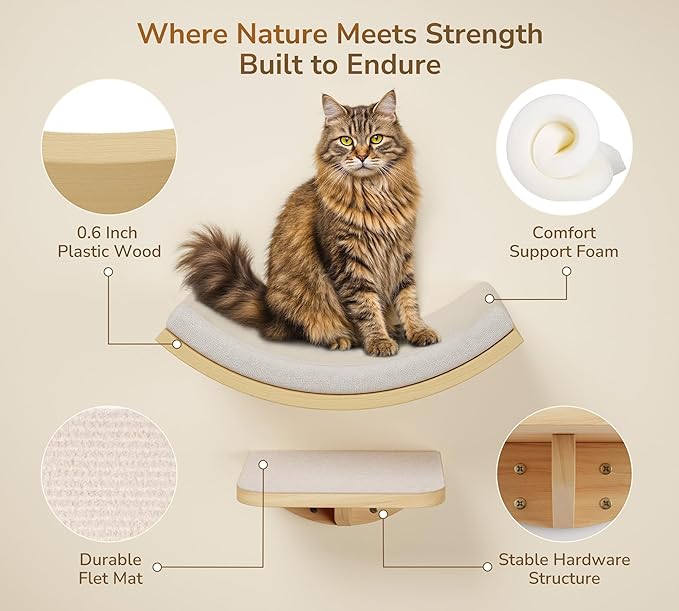 Cat Wall Shelf with Curved Hammock Bed, Wall Mounted Cat Perch with Beige Soft Foam Cushion, Floating Wall Furniture for Climbing, Sleeping & Lounging