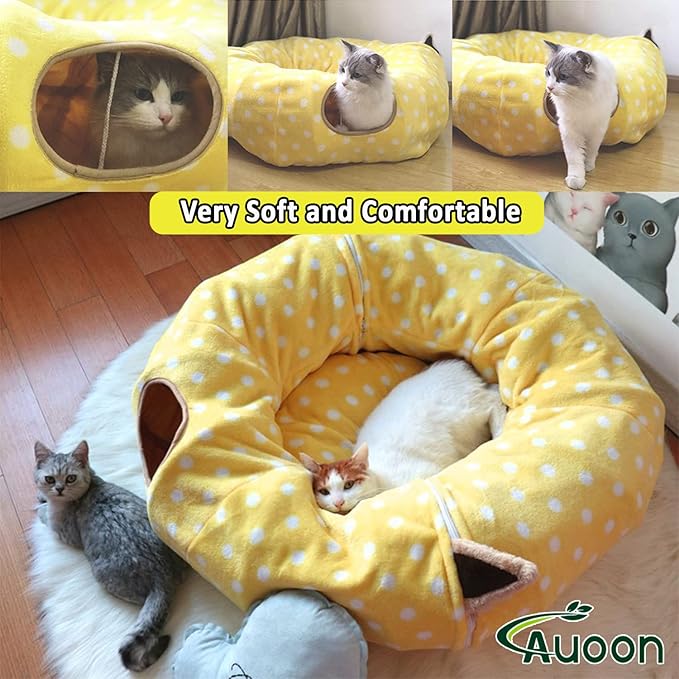 AUOON Cute Cat Donut Tunnel - Round Cat Tunnel Bed with Washable Cushion Interactive Cat Toy for Indoor Cats Kitten Kitty Puppy Rabbit Ferret (Yellow)