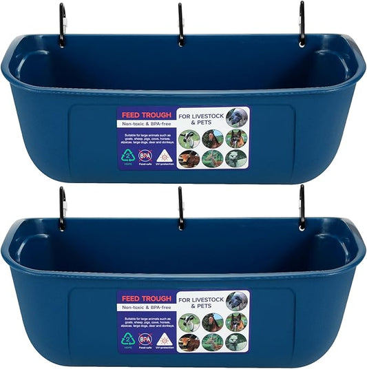 Goovilla Large Feed Trough, Hanging or Screw-in Fence Feeder with Clips, 2 Pack 9 Quart Goat Feeder Supplies, Dog Horse Hog Pig Livestock Poultry Plastic Feeder Trough Bucket for Large Animal, Blue