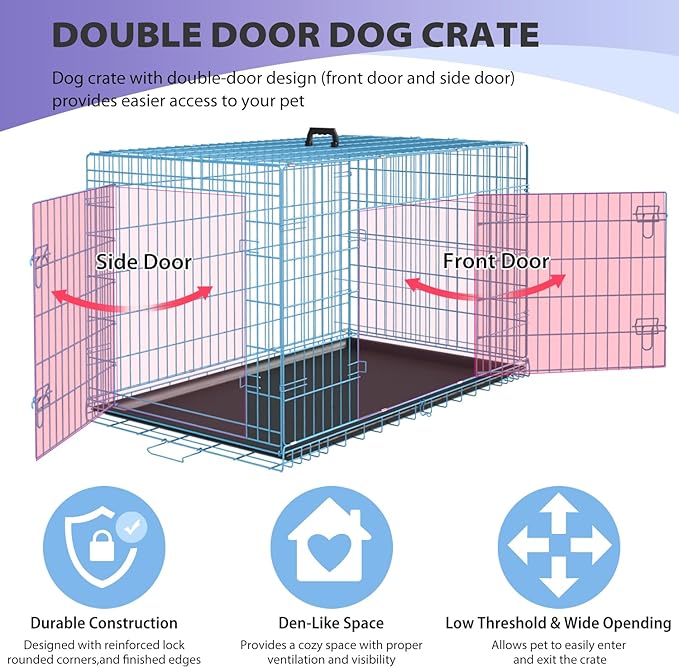 BestPet | Dog Crate | 48" | Blue | Foldable Metal Kennel with Double Doors, Secure Slide-Bolt Latches, Leakproof Tray | Portable Dog Cage for Large Breeds | for Travel, Indoor & Outdoor Use