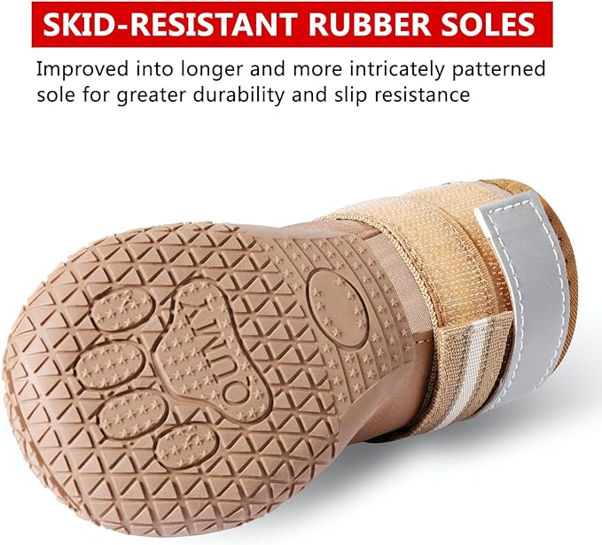 QUMY Dog Shoes for Large Dogs, Medium Dog Boots & Paw Protectors for Winter Snowy Day, Summer Hot Pavement, Waterproof in Rainy Weather, Outdoor Walking, Indoor Hardfloors Anti Slip Sole Khaki 7