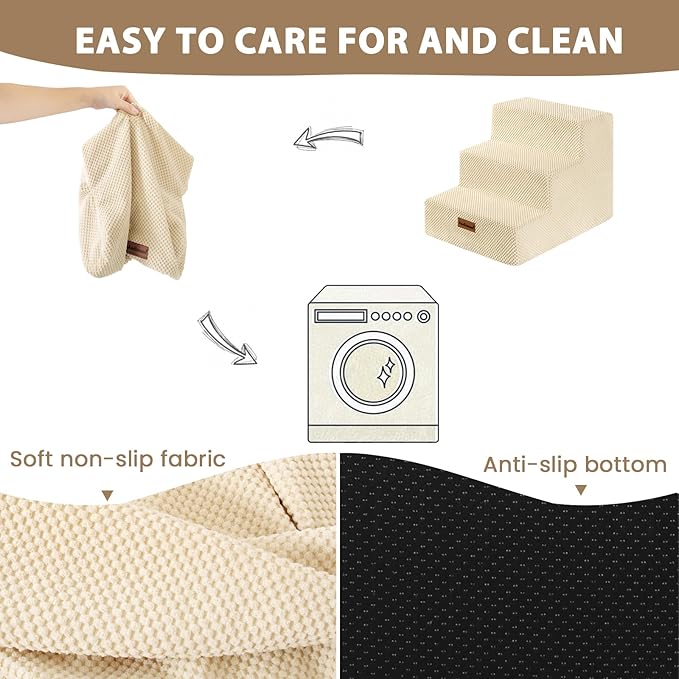 Dog Stairs for Small Dogs & Cats, 3-Step Non-Slip Pet Steps for Couch Sofa and Chair, Beige, 13.6" H