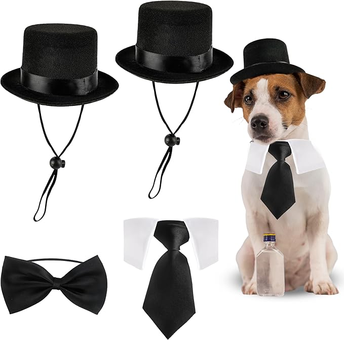 4 Pcs Pet Formal Halloween Costume Accessories Dog Wedding Bow Tie Top Hat Puppy Gentleman Costume for Small Medium Dogs Cats Halloween Party