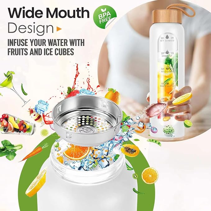 Aqulea Glass Water Bottles 32 Oz with Silicone Sleeve - BPA Free Reusable Wide Mouth Glass Motivational Water Bottles with Fruit Infuser – Leak Proof Borosilicate Water Bottle with Time Marker (White)