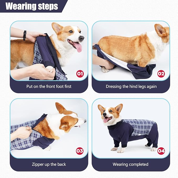 Dog Recovery Suit, Abdominal Wound After Surgery Wear, Anti Licking Bodysuit with Zipper, E-Collar & Cone Alternatives, Plaid Dog Spay Surgical Shirt Prevent Shedding(Large, Blue)