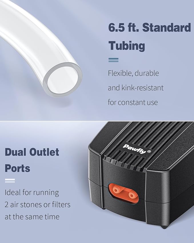 Pawfly Aquarium Air Pump Oxygen Pump for 10-200 Gallon Fish Tanks Buckets Dual Outlet Adjustable Ultra Quiet Aerator Pump with Accessories