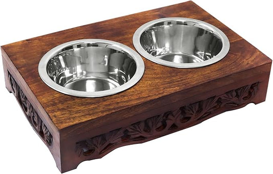 Elevated Pet Feeder for Dogs and Cats - Scroll Carved Wood Raised Dog Bowl Stand - Pet Feeding Stand with Two Steel Bowls - Raised Dog Bowl for Food and Water - Pet Feeding Station -17x11x4- IRONGATE