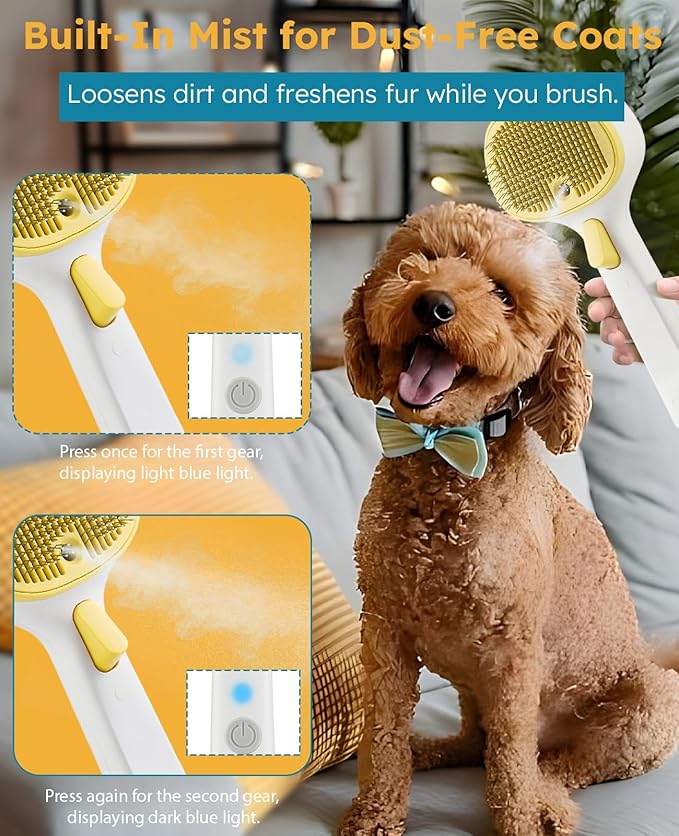 FURGO 3-in-1 Pet Steam Brush for Dogs & Cats – Reduces Static, Long-Pin Head for Long Hair, One-Click Release Button, Dog Spray Brush for Shedding Control (Long)