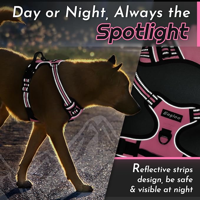 Eagloo Dog Harness Large Breed, No Pull Service Vest with Reflective Strips and Control Handle, Adjustable and Comfortable for Easy Walking, No Choke Pet Harness with 2 Metal Rings, Pink, XL