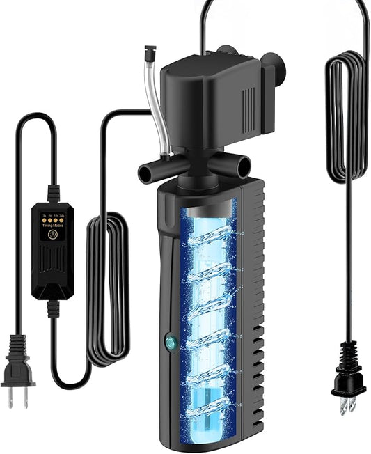 Aquarium U-V Filter for Green Water, Fish Tank Filter with Timer U-V Light, Turtle Tank Filter, Internal Filter with Dual Water Outlet & Aeration, for 10-40 Gallon Tank