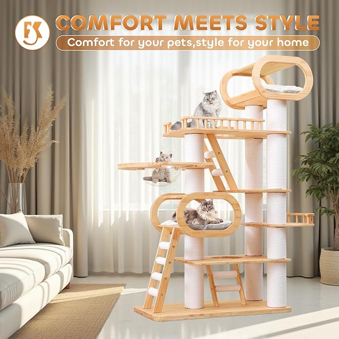 76.8'' Modern Cat Tree for Indoor Cats, Tall Wooden Cat Tower for Home Decoration, Multi-Level Tower with Transparent Cat Bed, Huge Cat Condo for Multi-Cat Families