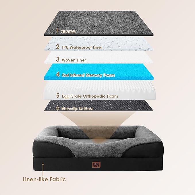 EHEYCIGA Memory Foam Dog Bed for Medium Size, Orthopedic Dog Sofa with Sides and Waterproof Liner, Washable Bolster Pet Couch with Removable Cover, 35x22x6.5 Inch, Grey/Black