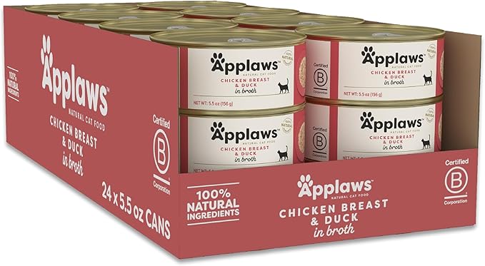 Applaws Natural Wet Cat Food in Broth, Limited Ingredient Canned Wet Cat Food, No Additives, Made with Natural Ingredients, Chicken Breast & Duck in Broth (24 x 5.5oz Cans)