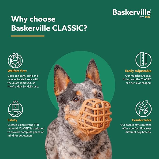 Baskerville Classic Basket Muzzle - Dog can Pant and Drink, Prevents Biting and Food Waste Scavenging, Strong TPR, Ideal for Longer Nosed Dogs, Breathable Dog Training Muzzle for Medium Dogs (Size 4)