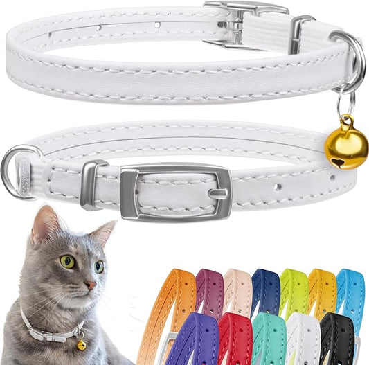 CollarDirect Leather Cat Collar with Bell - Kitten Collar, Small and Big Cat Strap for Boy Cats, Girl Cats with Safety Elastic Strap (Neck Fit 8"-11", White)