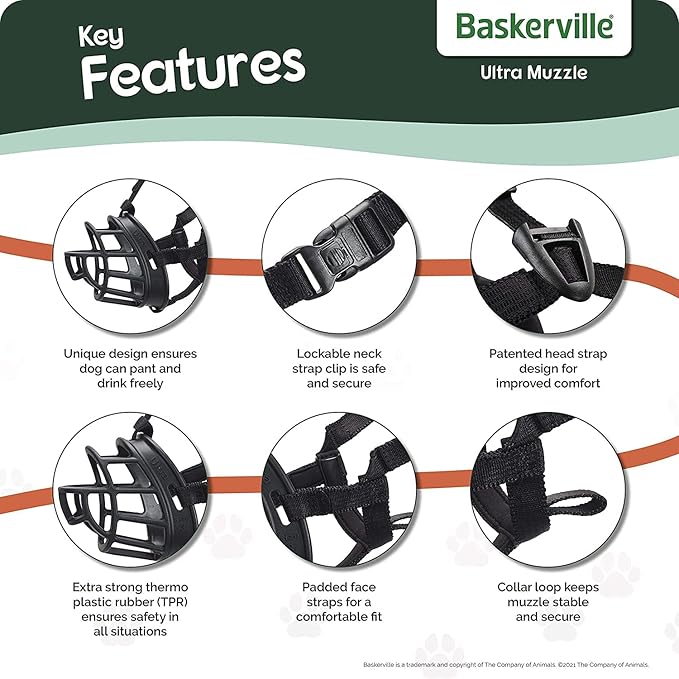 BASKERVILLE ULTRA MUZZLE - Patented Humane Design, Breathable, Dog can Pant and Drink, Adjustable, Padded, Dog Training Muzzle for Large Dogs, Prevents Biting, Wildlife Scavenging (Size 5, Black)