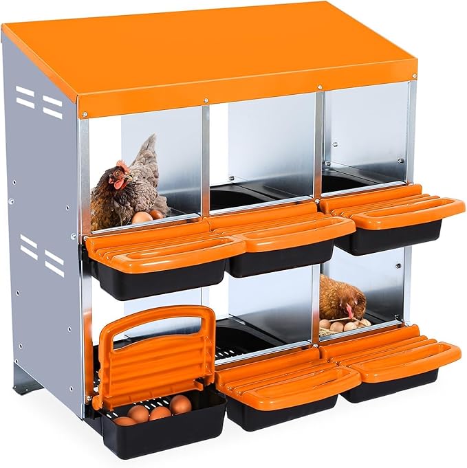 Chicken Nesting Boxes, 6 Hole Metal Chicken Laying Box with with Removable Trays and Roll Out Egg Collection for Chicken Coop, Orange