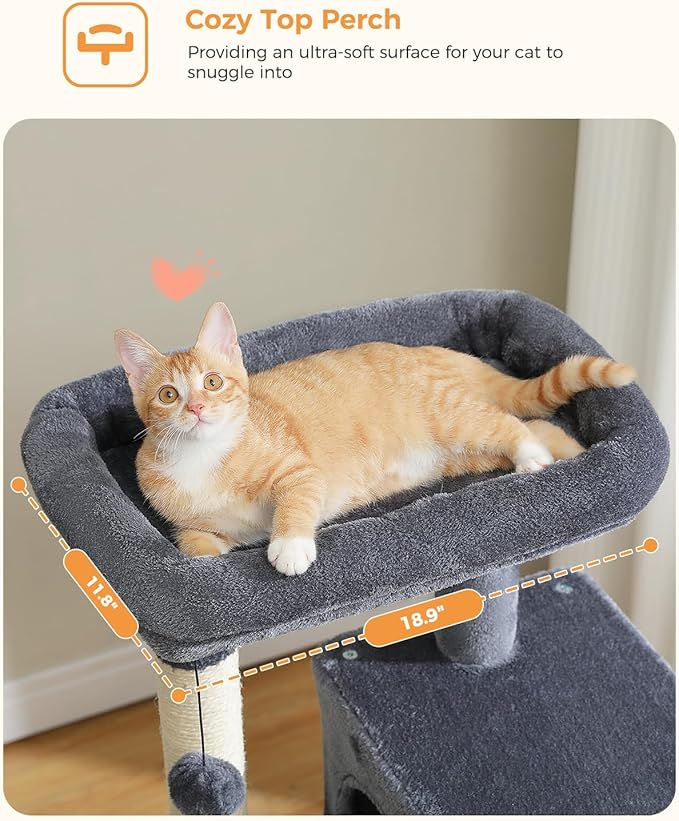 Cat Tree for Indoor Cats, 45.7" Multi-Level Cat Tower with Large Metal Frame Hammock, Cat Condo with 4 Scratching Posts and Top Perch for Small Medium Cat, Dark Grey